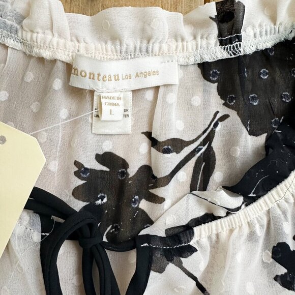 Monteau Los Angeles Blouse Floral NWT L Lined Cream Black - Picture 8 of 9